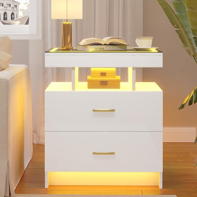 LED Nightstand with Wireless Charging Station,White Night Stand with 2 Drawers,Glass Top Smart Bedside Table,Modern End Table Side for Bedroom,Living Room,Office - Image 7