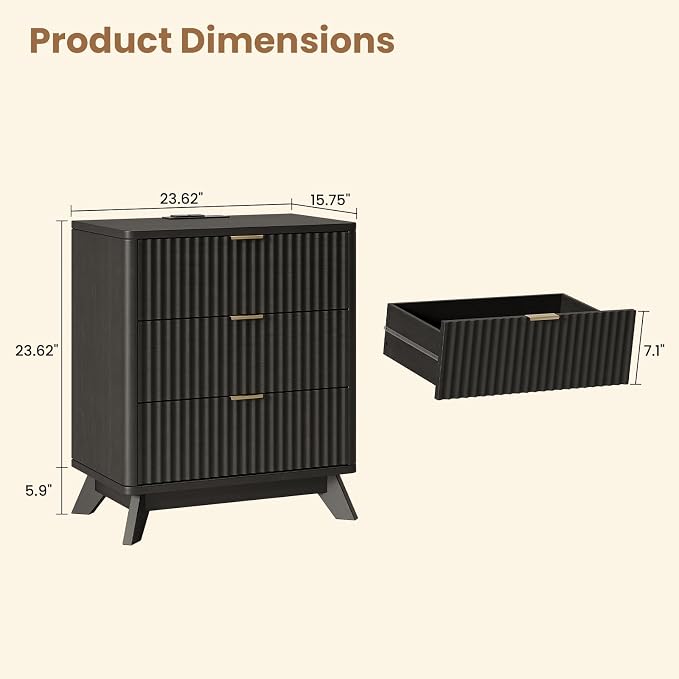 30" Tall Fluted NightStand Set of 2,Modern Side Table with Storage, 3 Drawers End Table with Charging Station,Night Stand Wood Bedside Tables for Bedroom,Curved Profile Design,Black - Image 3