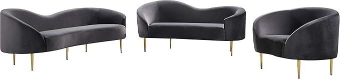 Meridian Furniture Ritz Collection Modern | Contemporary Velvet Upholstered Loveseat with Sturdy Metal Legs in Rich Gold Finish, Grey, 67" W x 31.75" D x 30.5" H