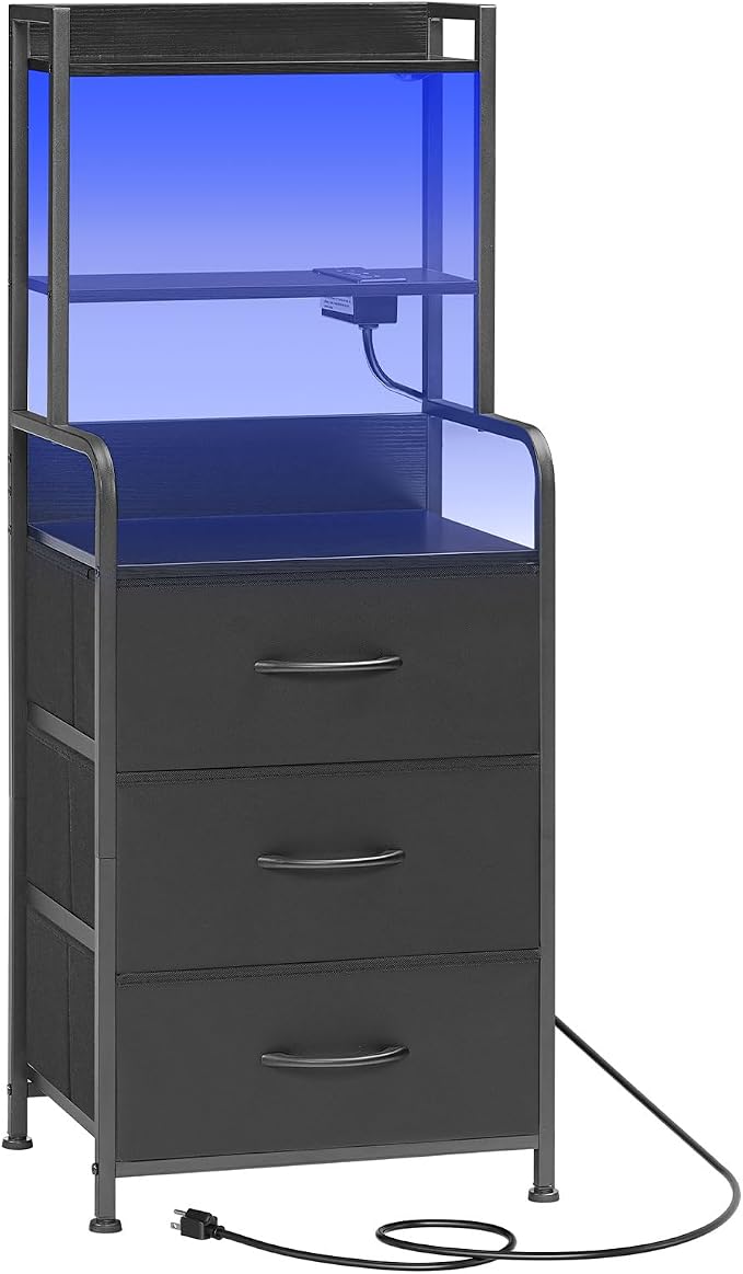HOOBRO Tall Nightstand with Charging Station, LED Bedside Table with 3 Fabric Drawers and Open Shelves, USB-A, Type-C, 2 AC Outlets, Modern End Table for Bedroom, Black BB206UDBZ01 - Image 9