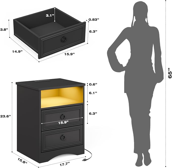 LGHM Set of 2 Nightstand with Charger Station Strip Lights, Large Night Stand with 2 Drawers, 17.7" W Accent Bed Side Table and End Table with Large Open Compartment for Bedroom, Living Room,Black - Image 3