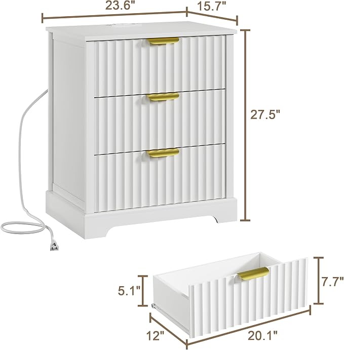 Fluted Nightstand with Charging Station, Modern Night Stand with 3 Drawers and Metal Handles, Large Bedside Table for Bedroom, White - Image 2