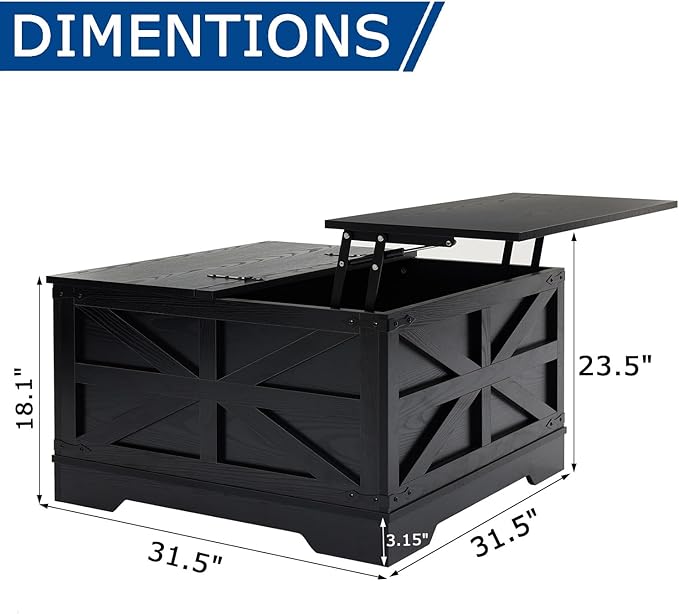 Black Coffee Table with Storage, Cocktail Table with Hinged Lift Top, Farmhouse Square Wood Center Table with Large Hidden Storage Compartment for Living Room, Square Coffee Table, Metal Edges Decor