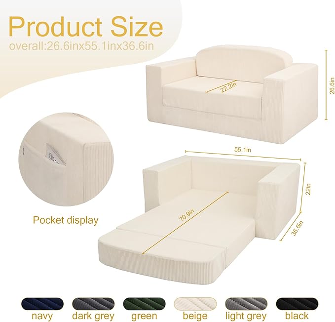 MeMoreCool Convertible Sofa Bed – Small Beige Corduroy Loveseat Sleeper, Boneless Fold-Out Cloud Couch with Foam, Trifold Floor Futon with Washable Cover for Bedroom, Apartment, Guest Room