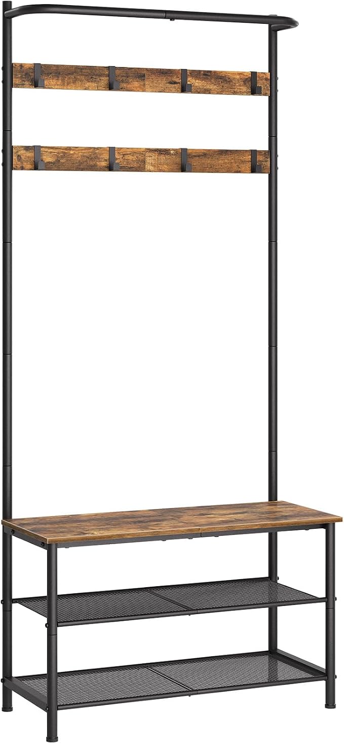 YATINEY Hall Tree, Coat Rack with Shoe Bench, 4-in-1 Entryway Bench with Storage Shelves, Hanging Rod and 8 Movable Hooks, Hall Tree with Storage Bench for Hallway, Rustic Brown and Black MT02BR by Yatiney