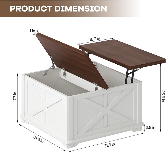 Square Coffee Table with Storage, Farmhouse Coffee Table with Lift Top, Wooden Coffee Tables with Brown Flip-Top Lids, Modern Center Table for Living Room Home Office, 31.5", White