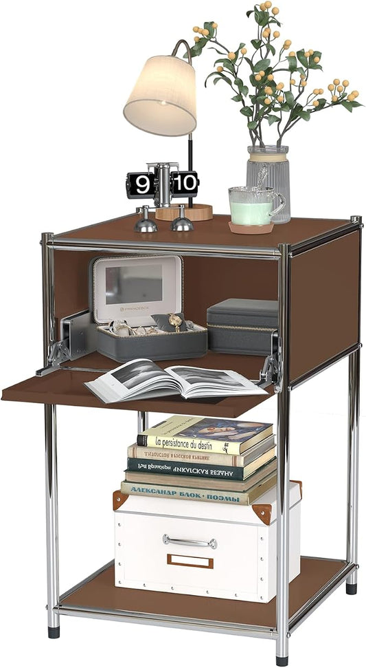 Brown Night Stand with Drawers:Modern Nightstand with Storage,Metal Heavy Duty Industrial Bed Side End Tables Living Room Sofa Couch Home Office Furniture,Kids Bedside Table Bedroom Small Space by MIBOIM