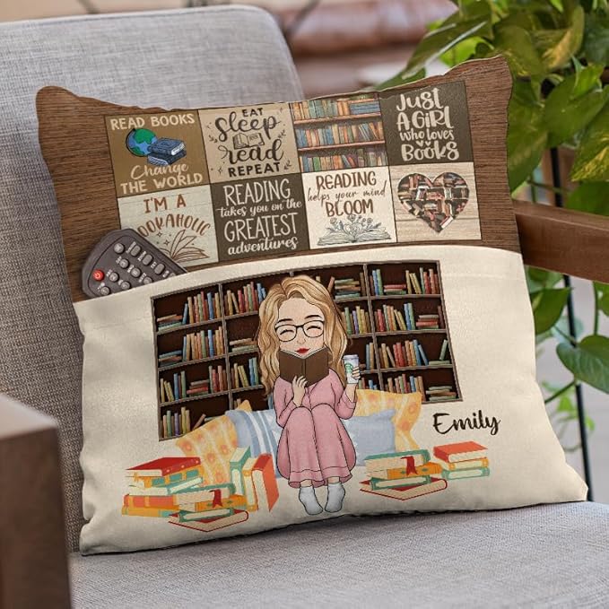 Custom Pocket Pillow, Personalized Bookish Gifts for Book Lovers, Booknerds, Bookworms, Reading Helps Your Mind Bloom, Birthday Librarian Gift for Women Teacher Students, Book Club Gifts