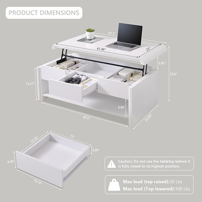 47" Lift Top Coffee Table with Storage, Modern Coffee Table with Pull-Out Drawer and Two-Tier Storage, Rectangle Wood Center Table w/Curved Profile Design for Living Room, White