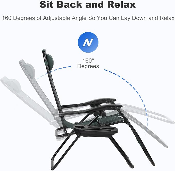 Nazhura Set of 2 Relaxing Recliners Patio Chairs Adjustable Steel Mesh Zero Gravity Lounge Chair Beach Chairs with Pillow and Cup Holder (Dark Green) - Image 4