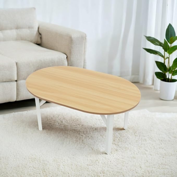 Folding Coffee Table, Small Collapsible Coffee Table, Portable Low Floor Tables with 4 Foldable Legs, Foldable Round Center Tables Living Room, Home, Office, No Assembly 31.5 x 18.9 x 14.2 in (Wood)
