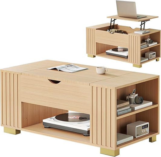 COMHOMA Lift Top Coffee Tables for Living Room, 39" Center Table with Hidden Storage Compartment, Adjustable Wooden Tea Table for Small Spaces, Light Oak