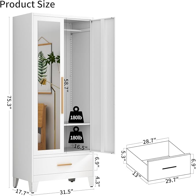 75.3" Tall Metal Armoire Wardrobe Closet with Mirror Doors and Drawer, Adjustable Hanging Rod and Adjustable Shelf, Freestanding Storage Cabinet Organizer for Bedroom, Office, Laundry Room, White