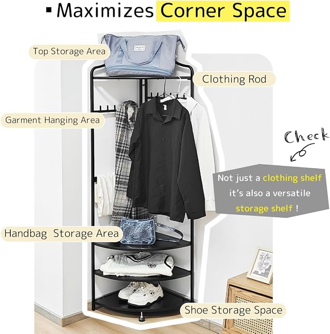 lumizone Corner Clothes & Coat Rack with Shelves for Small Spaces - Foldable 3-Tier Corner Shelves, Freestanding Clothing Wardrobe Closet for Bedroom/Closet/Dorm, 88lb Storage - Image 3