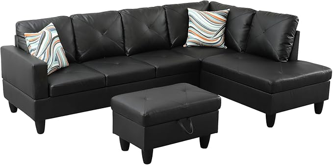 Sectional Couches for Living Room Furniture Sets, 4 Seat L Shaped Couches with Ottoman, Modular Sectional Sofa for Apartment Furniture Sets, Black