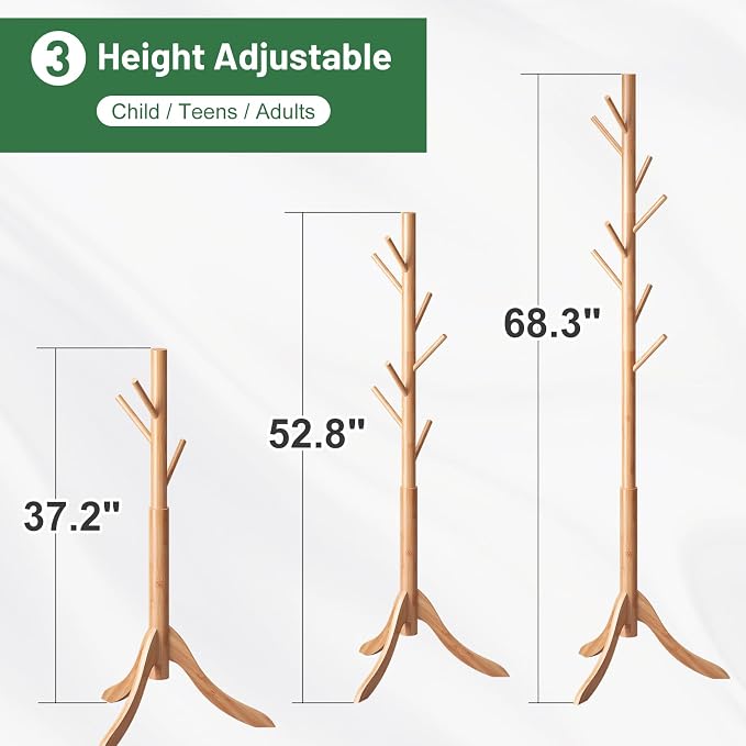 kiplant Coat Rack Freestanding, Bamboo Wood Coat Stand with 8 Hooks,3 Adjustable Size,Easy Assembly NO Tools Required, Coat Tree Hanger Stand for CoatsScarves in Hallway - Image 5