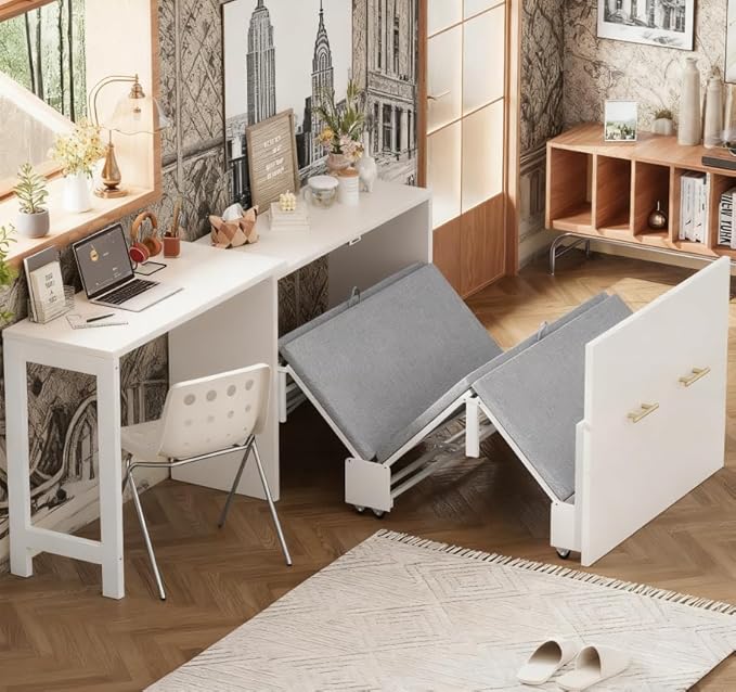 Bellemave Twin Size Murphy Bed, Cabinet Bed with Desk, Farmhouse Murphy Cabinet with Desk, Noisy Free, for Guest Bedroom, Living Room, Office, White