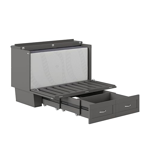 AFI, Chelsea Mid-Century Modern Full Wood Murphy Bed Chest with 6" Mattress, Storage Drawer & Built-in USB Charger, Grey