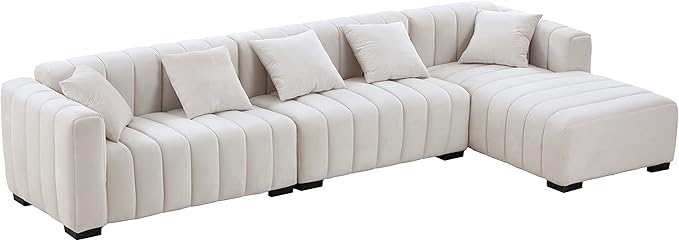 KEIKI 139" L-Shape Velvet Modular Sectional Sofa with Right Chaise Lounge, Modern Style Upholstered Oversized Reversible 3-Seater Channel Tufted Couch, Easy Assembly, for Apartment, Living Room, Beige