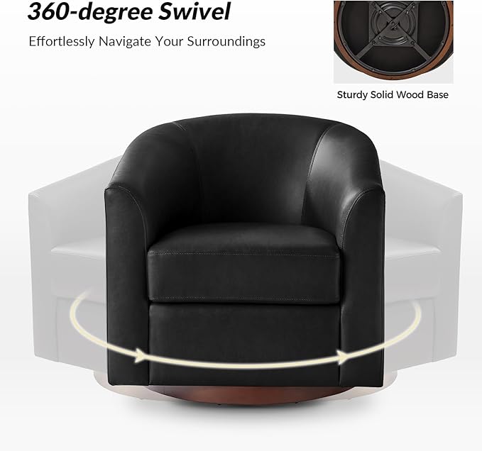 HULALA HOME Faux Leather Swivel Accent Chairs Set of 2 with Solid Wood Base, Round Swivel Barrel Chairs for Living Room and Bedroom, Black