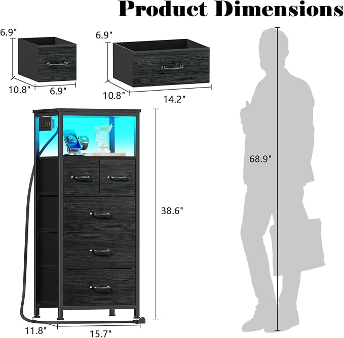 Furnulem Dresser for Bedroom, Tall Nightstand, Vertical Chest with Wood Top, Charging Station, LED Lights, 5 Fabric Bins, Bedside Table with Shelf, Furniture for Entryway (5 Drawer, Black Oak) - Image 3