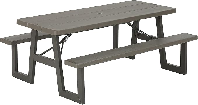 LIFETIME 6-Foot Folding Picnic Table with Benches, Seats 8, Heavy-Duty HDPE Tabletop, Steel Frame, Weather & UV Resistant Outdoor Picnic Table with Umbrella Hole by Lifetime