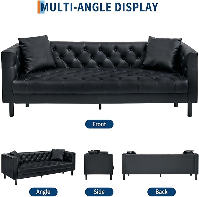 IDEALHOUSE 81" Mid Century Modern Leather Sofa, 3 Seater Chesterfield Couch with Button Tufted Back & Deep Seat, Upholstered Living Room Sofa for Apartment or Office, Black