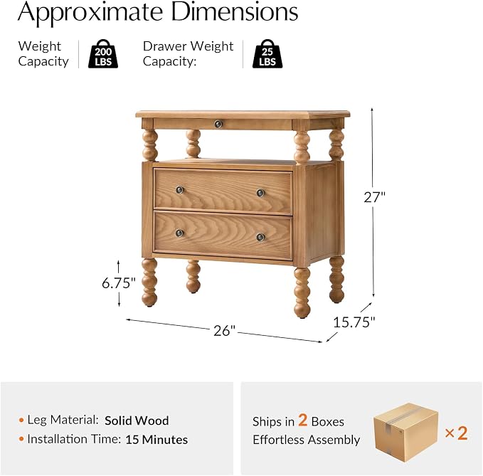HULALA HOME 26" End Tables Set of 2 with Charging Station, Transitional 2 Drawer Wood Endtables with Pull-Out Shelf and Open Storage Space, Large Side Tables with Solid Wood Spindle Legs, Oak - Image 2