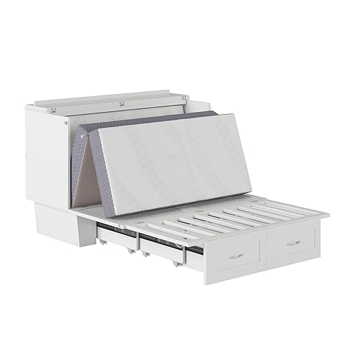 AFI, Chelsea Mid-Century Modern Full Wood Murphy Bed Chest with 6" Mattress, Storage Drawer & Built-in USB Charger, White