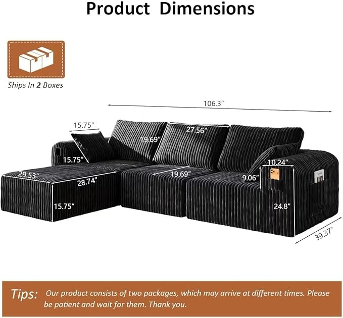 106" Boneless Couches for Living Room, Modular Sectional Sofa, L-Shape Sofa Couches,Cloud Couch Sectional, Comfy Corduroy Sofa, with Deep Seat, No Assembly Required (Black, 3 Seater + 1 Ottoman)