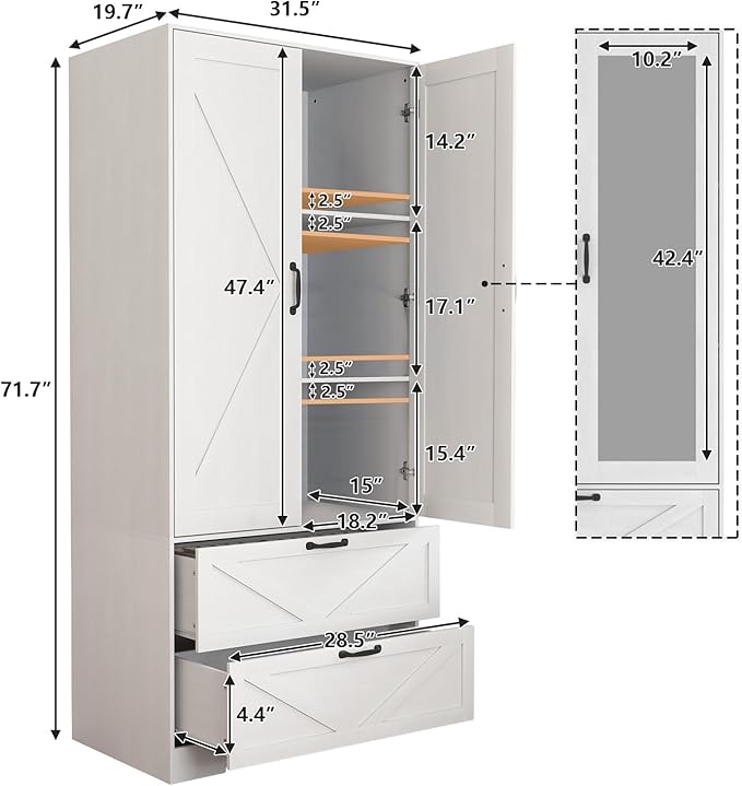 Armoire Wardrobe Closet with Mirror and 2 Drawers, 72'' Bedroom Armoire Wardrobe Cabinet with Hanging Rod and Light,Wooden Bedroom Closet with Adjustable Shelf