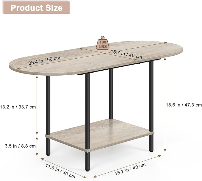 OYEAL Coffee Tables for Living Room 2-Tier Small Oval Table with Storage Shelf Mid Century Round Center Table for Display, Small Space,Home Office, Rustic Grey
