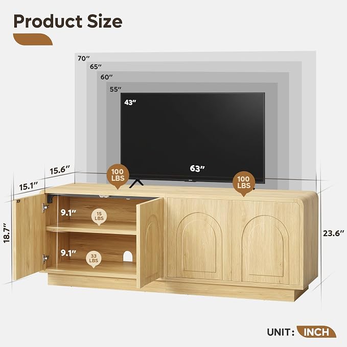 Bestier 63" Mid Century Modern TV Stand for Living Room, Wood Media Console Cabinet for TVs up to 70", Entertainment Center with 4 Arched Doors, Hidden Storage & Adjustable Shelves, Natural Oak - Image 2