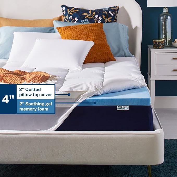 Sleep Innovations Dual Layer 4 Inch Memory Foam Mattress Topper, Full Size, Medium Support, 2 Inch Cooling Gel Memory Foam Plus 2 Inch Pillow Top Cover