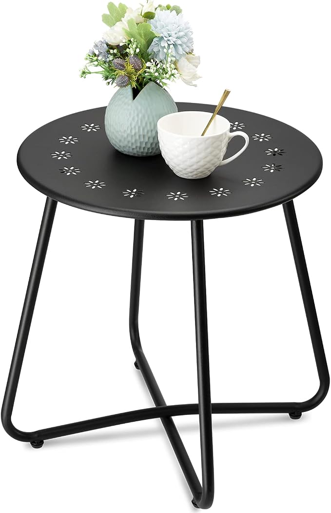 danpinera Outdoor Side Tables with Flower Cut Outs, Weather Resistant Steel Patio Side Table, Small Round Outdoor End Table Metal Side Table for Patio Yard Balcony Garden Black by danpinera