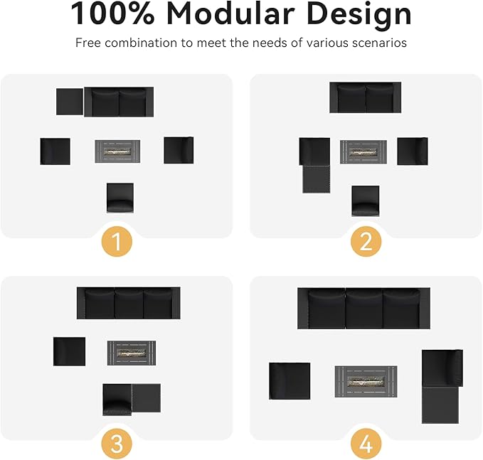 Aoxun Outdoor Patio Furniture Set with 44'' Fire Pit Table, 7 Pcs Outdoor Patio Furniture Sets with 4in Thicken Cushion, Widen Armrests Wicker Outdoor Sectional for Backyard (Waterproof Cover Include)