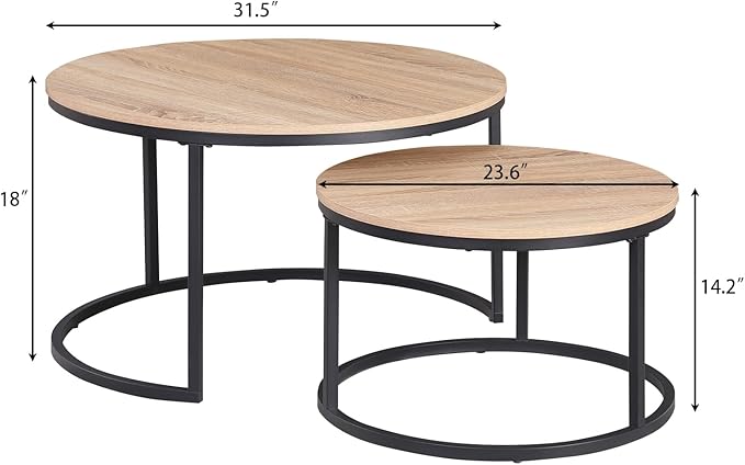 CENSI Round Nesting Coffee Table Set of 2, 31.5" Natural Oak Wood & Metal Frame, Modern Industrial Stacking Center Tables for Living Room, Scandi Boho Decor, Sturdy Circle Accent Furniture