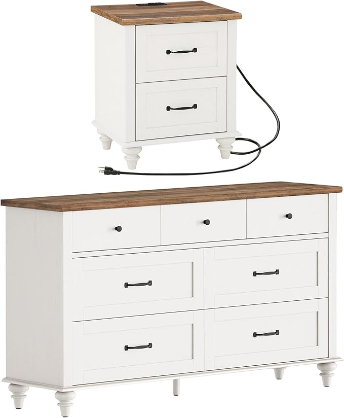 WAMPAT 2 Piece Bedroom Set - Includes 7 Drawer Dresser for Bedroom, Mid Century Nightstand with Charging Station & Drawers, 2 Piece Dresser and Nightstand Sets, Off White