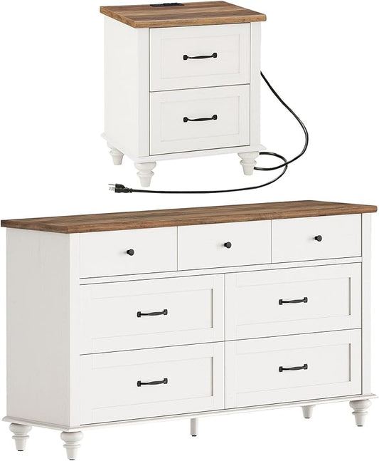 WAMPAT 2 Piece Bedroom Set - Includes 7 Drawer Dresser for Bedroom, Mid Century Nightstand with Charging Station & Drawers, 2 Piece Dresser and Nightstand Sets, Off White