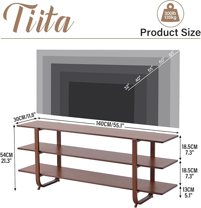 Tiita Wooden TV Stand for 65 Inch TV, Modern Media Console Table with 3-Tier Storage Shelves, Long Entertainment Center for Living Room, Walnut TV Stand with Open Display Rack - Image 3