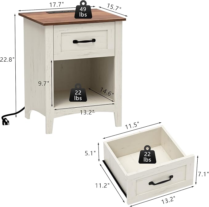 HOMMPA Farmhouse Nightstand with Charging Station, Mid Century Modern Night Stand w/Drawer & Open Shelf, Wood Bedside Table Night Table, Rustic End Table for Bedroom, Rustic White - Image 2