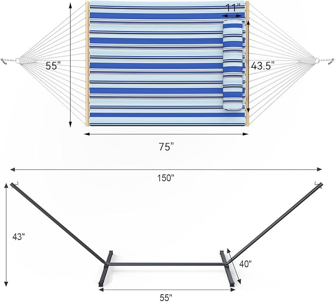 Everyfun 2 Person Outdoor Hammock with Stand, Cotton Rope Hammock with Polyester Pad, Adjustable Steel Frame, Portable with Carrying Bag – for Patio, Backyard, Garden, Beach, Blue Stripe - Image 7