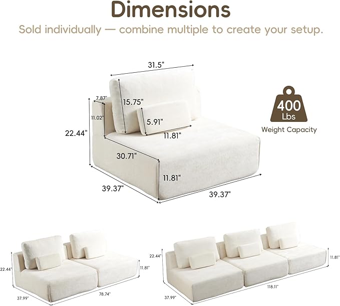 Modular Sectional Sofa, 3-Piece Beige Plush Velvet Couch Loveseat, No-Assembly Compressed Deep-Seat 3-Seat for Living Rooms Apartments Family Spaces