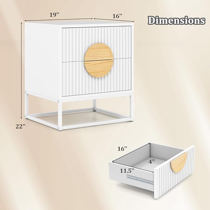 Giantex Fluted Nightstand with 2 Drawers Set of 2, White Wood Bedside Table with Natural Circle Handle & Metal Frame, Minimalist Accent End Table, Modern Mid Century Night Stand for Bedroom - Image 3