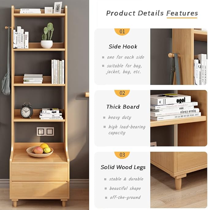 IOTXY Oak Bedside Table Bookshelf - 71" Tall Free Standing Wooden Open Shelf Bookcase with Drawers and 4-Shelves for Bedroom, Bed Side End Table, Nightstand - Image 5