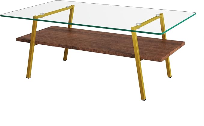 IANIYA Glass Coffee Table for Living Room Small Gold Mid Century Coffee Table for Living Room with Wood Shelves (Gold Frame, Transparent Glass + Brown Wood)