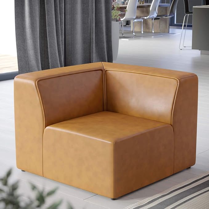 Modway Mingle Vegan Leather Sectional Sofa Corner Chair in Tan