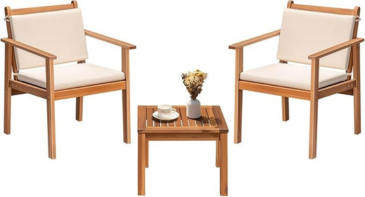 Greesum Outdoor Patio Furniture, 3 Piece Bistro Sofa Set with 1 Coffee Table and 2 Chairs, Acacia Wood Conversation Sets with Cushions, for Garden, Backyard, Poolside, White