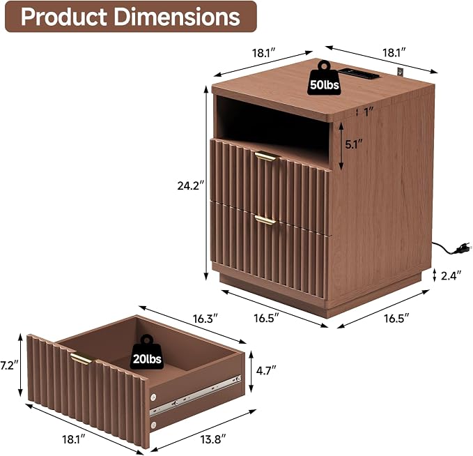 Nightstand with Charging Station, Night Stand with Open Shelf and 2 Drawers for Bedroom, Side Table Bedside Table with USB Ports & Outlets, Small Nightstand End Table (Walmut) - Image 2
