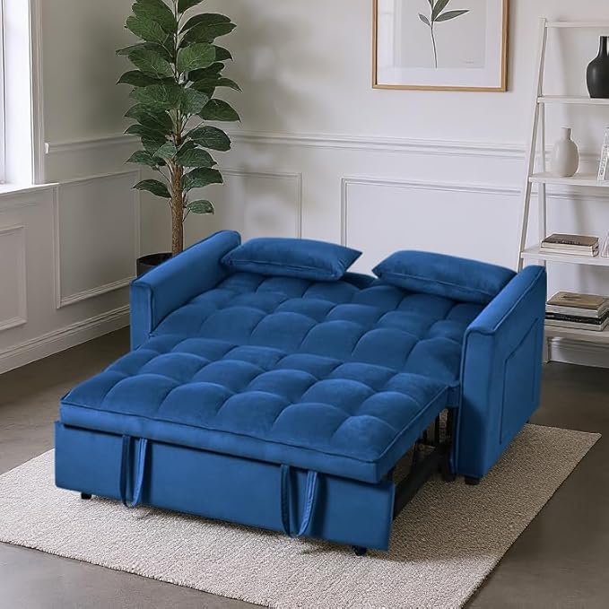 3 in 1 Convertible Sleeper Sofa Bed, Pull Out Couch Loveseat Futon, Adjustable Backrest Velvet Sofa with Pillows and Side Pockets for Living Room Apartment, Blue